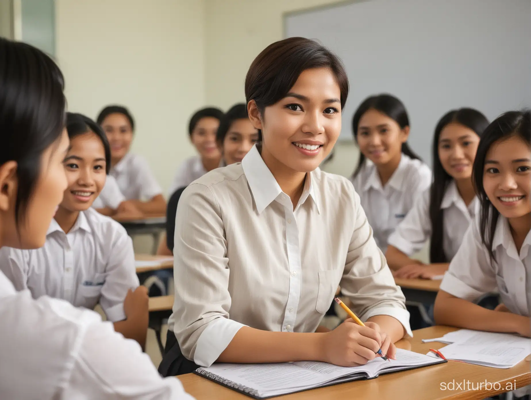 Create a picture where a teacher talks to a class of students english class, hospitality school. The students are 17 years old. The teacher is Indonesian women 40 years old, short hair, chubby