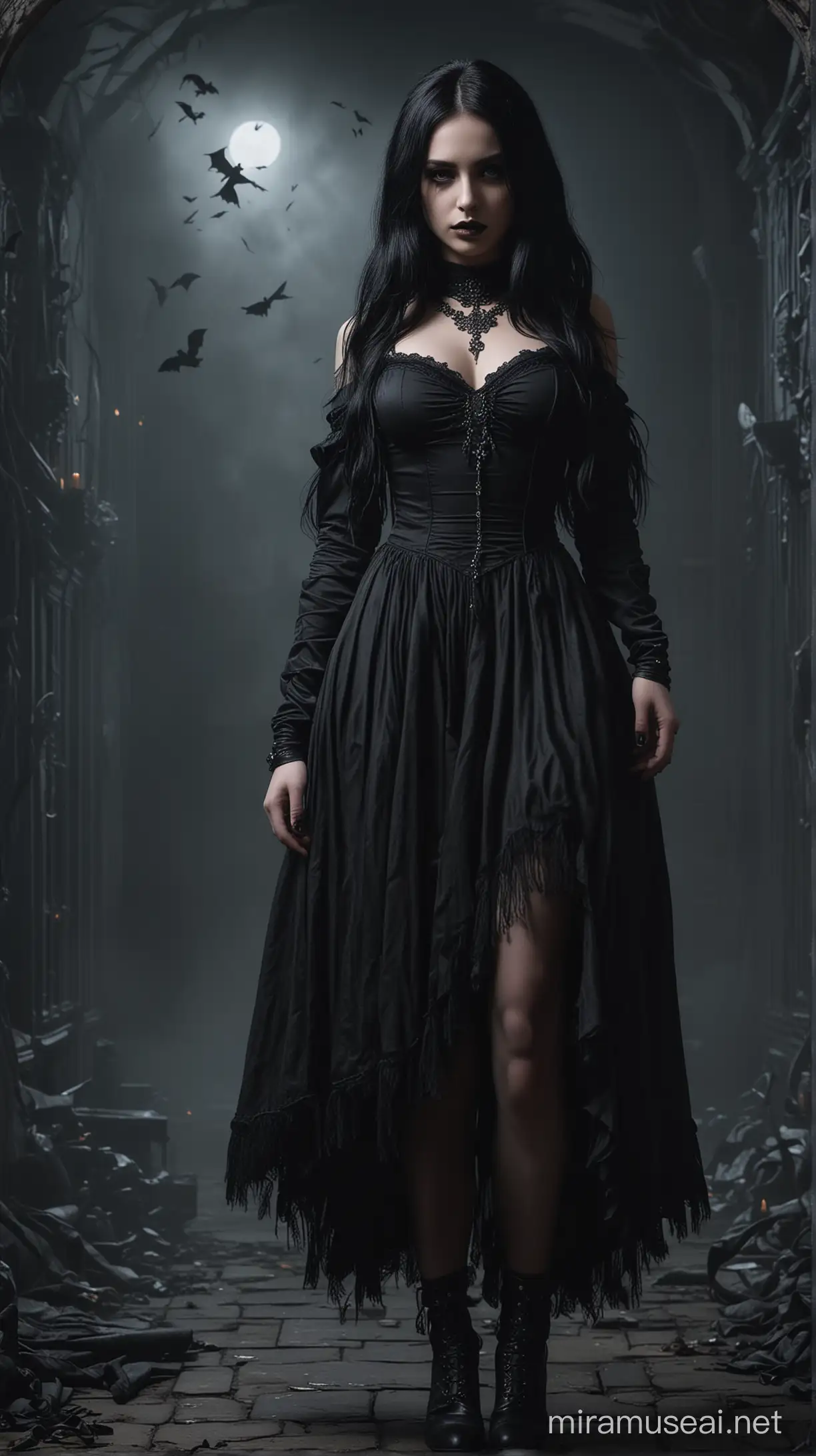 A stunning and detailed full body shot image of a gothic girl, captured from a 3/4 quarter angle. She is dressed in black, with a choker necklace and heavily made-up eyes, giving her a mystical and dark allure. Her left hand is extended towards the viewer, revealing intricate details and a sharp focus on her delicate features. Her long, flowing black hair dances in the air, adding to the dark and enigmatic atmosphere. The background depicts a haunted mansion, with fine textures and a cinematic feel, immersing the viewer into the dark fantasy world., cinematic, dark fantasy