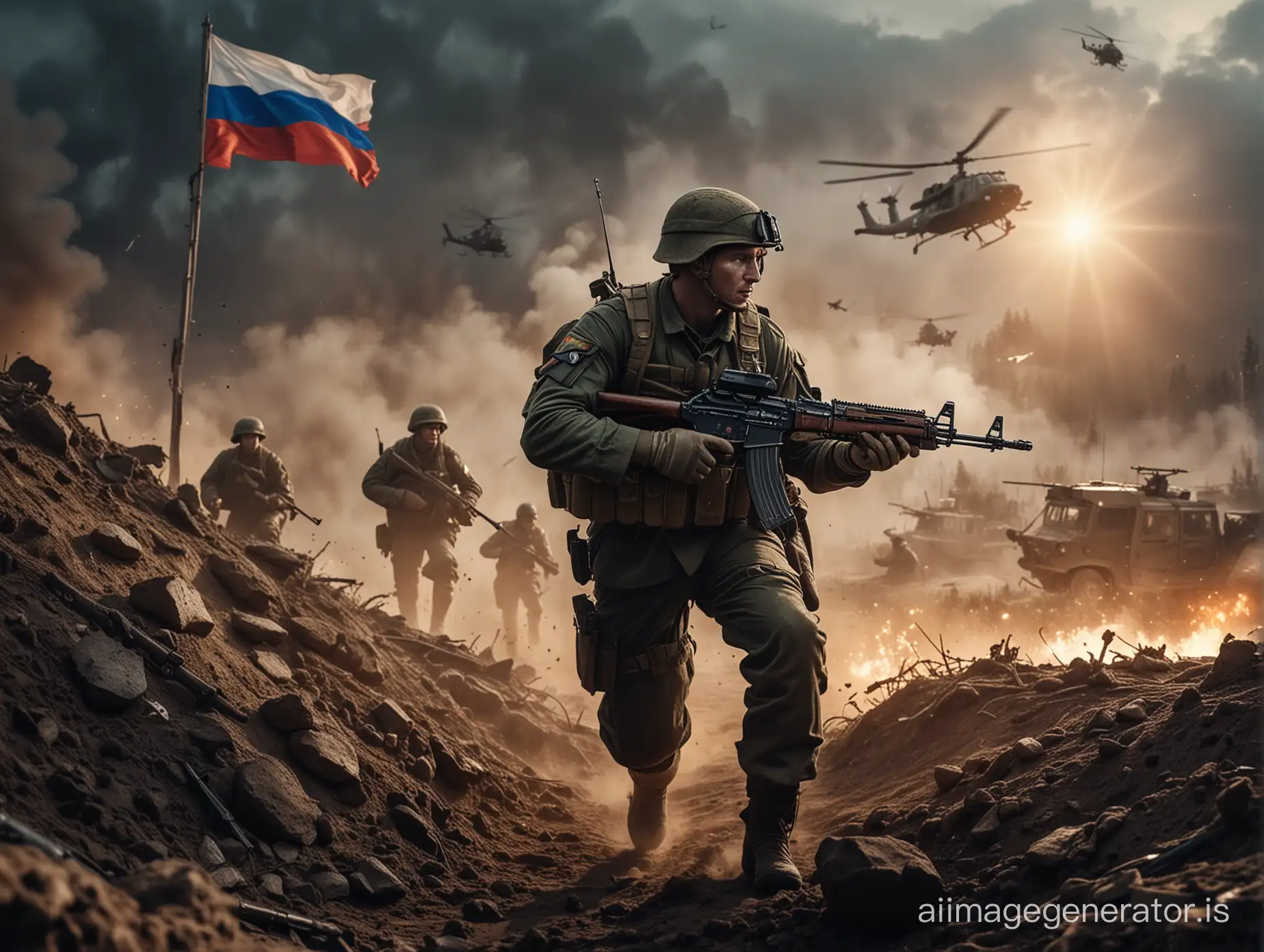 photo of a fully equipped modern Russian army soldier with AK rifle on the attack in trenches, two helicopters inbound, Russian flag floating behind, bright lighting, military art, 4K resolution, shot on Leica M10, painterly style, dynamic composition, left-behind view