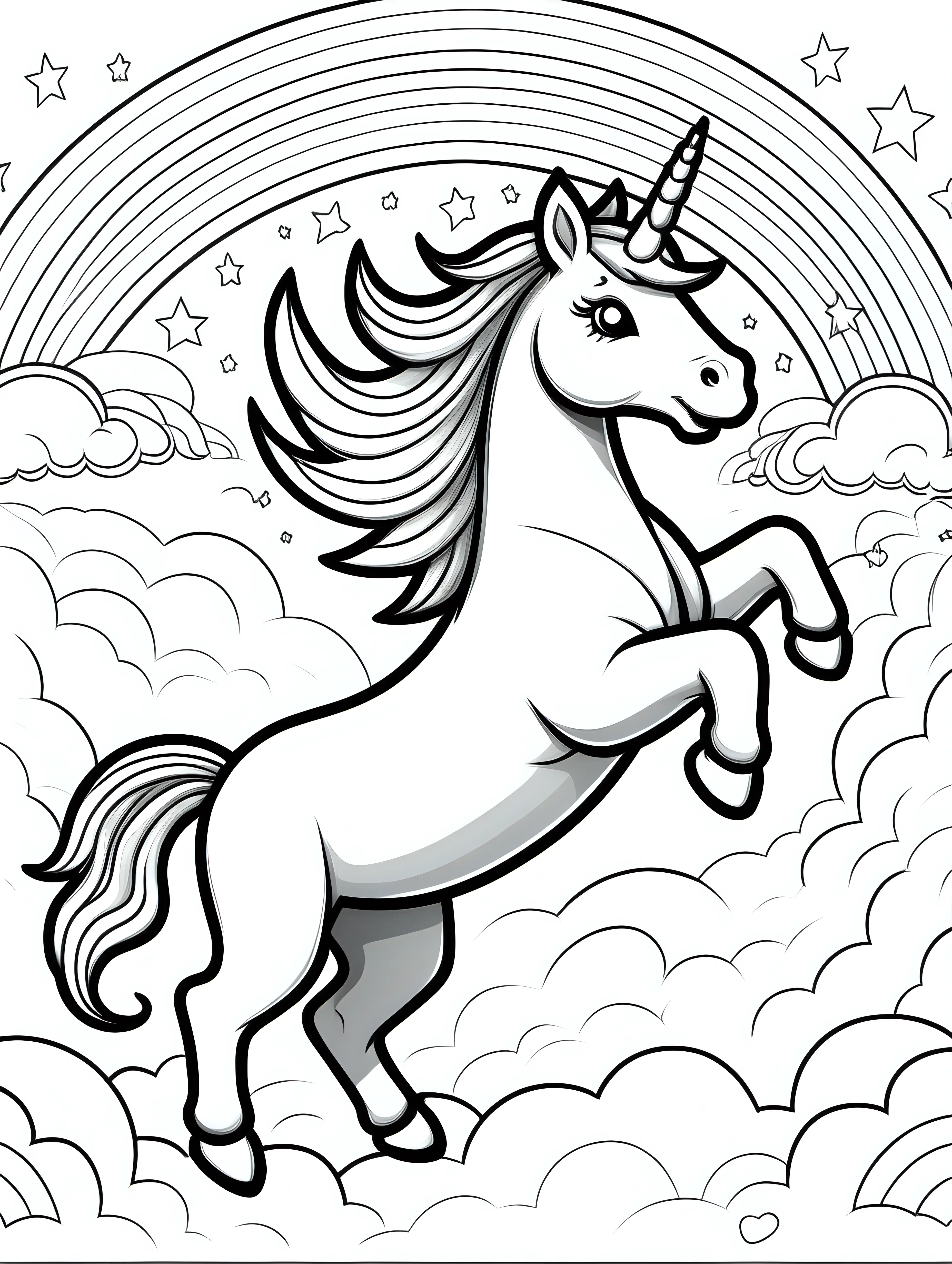 /imagine coloring pages for kids, playful unicorn jumping over a rainbow, cartoon style, thick lines, low detail, black and white - - ar 85:110