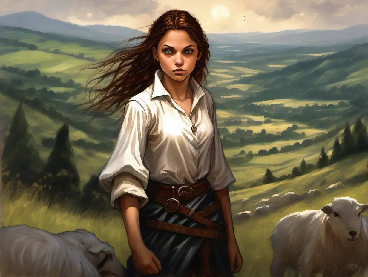 feisty young herder girl with an attitude, brown hair middle parted medium, white shirt, hills, day, Medieval fantasy painting, MtG art