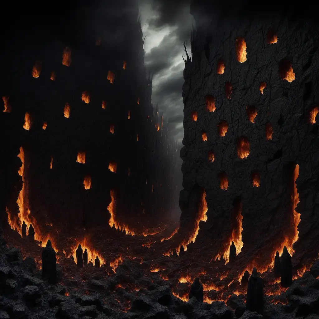 damned souls inside charred cliff walls 
