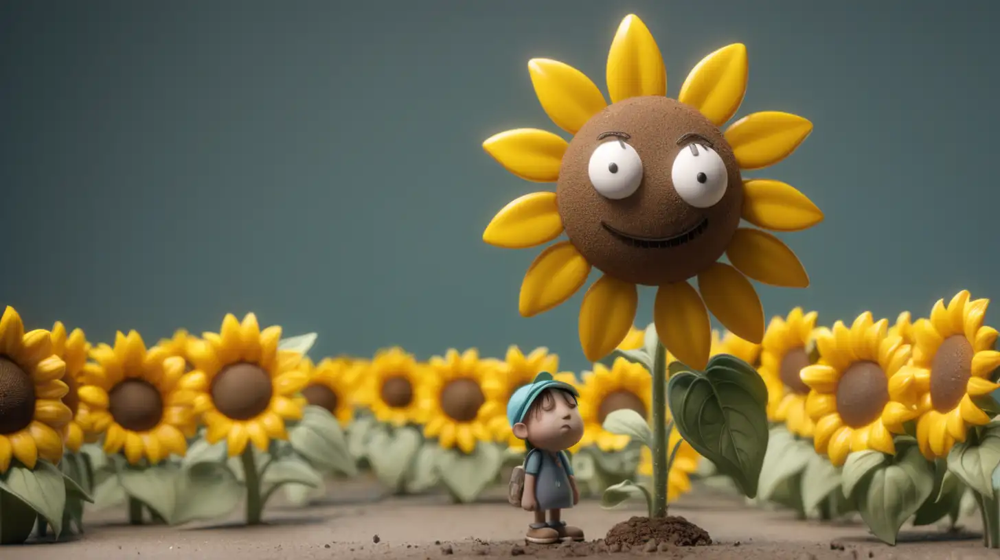 Melancholic Character Holding Drooping Sunflower