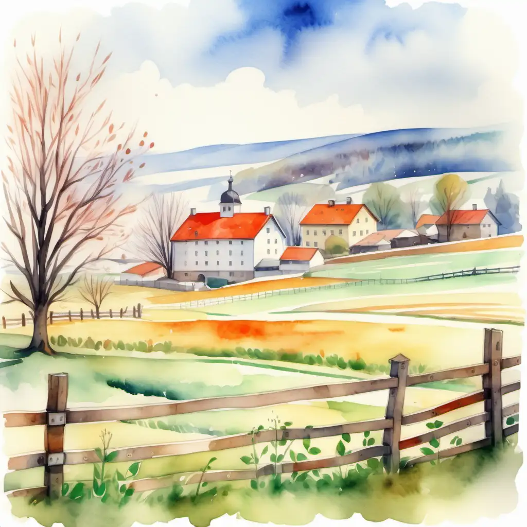 malovaná ilustrace,akvarel styl, farma, z detailu zachycená ohrada, zachycující jarní období, měsíc březen, farma, česká tatek