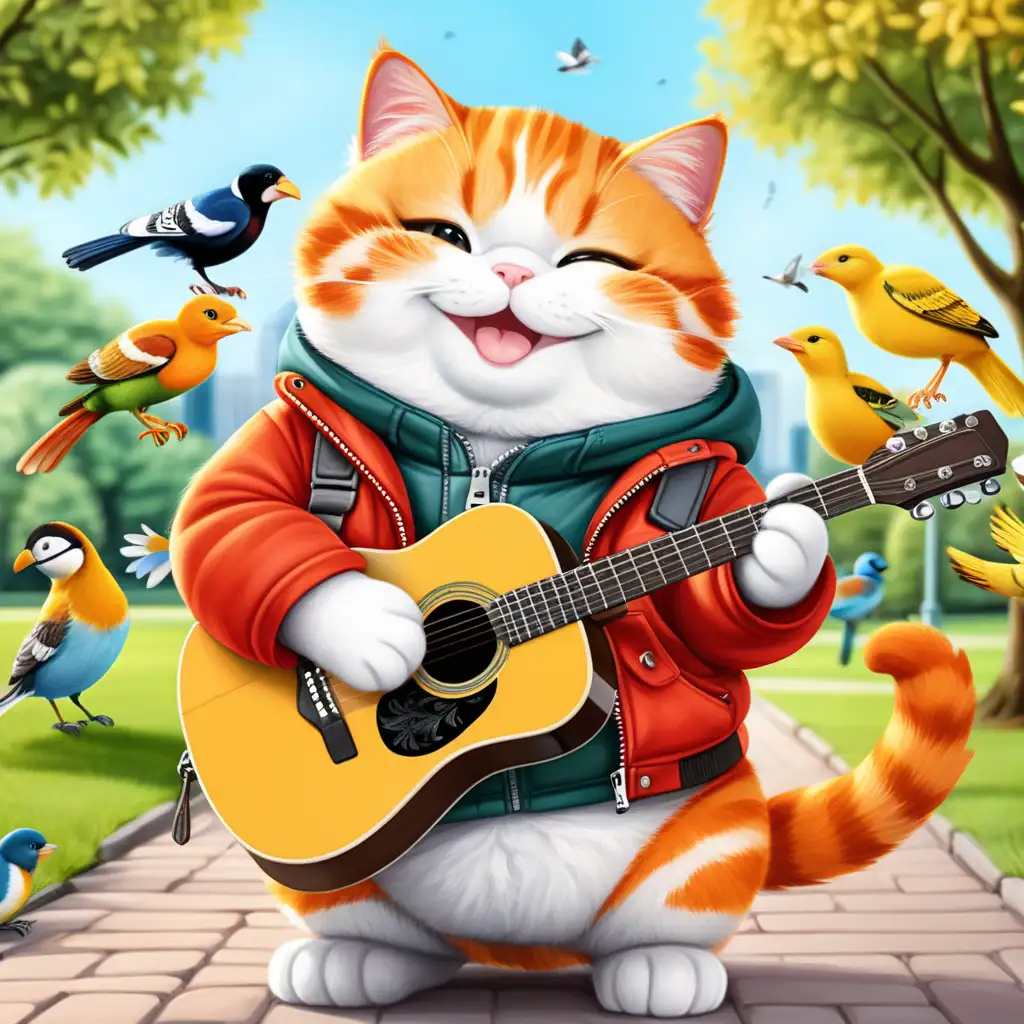 Charming Cat Serenading Colorful Birds with Guitar in Park