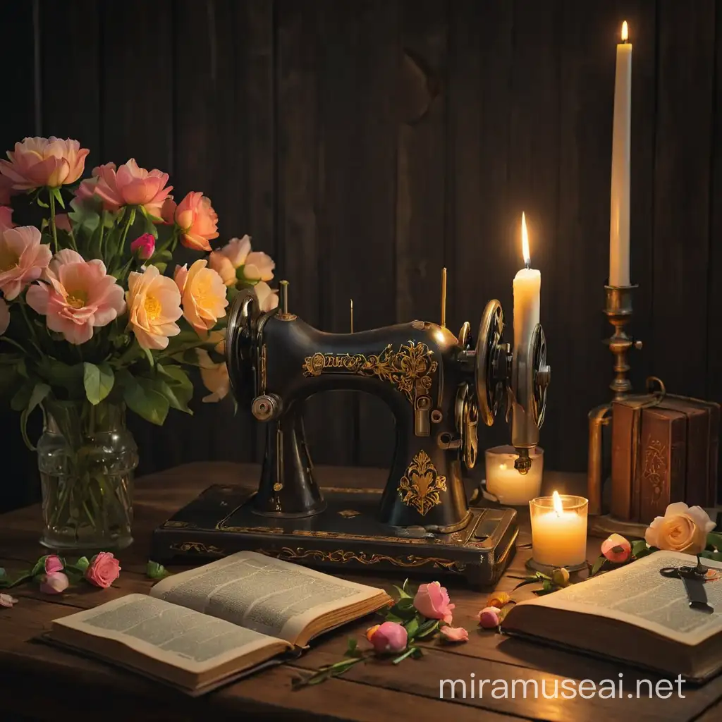 sewing machine with flowers at a wood table with one book and a candle with dim light