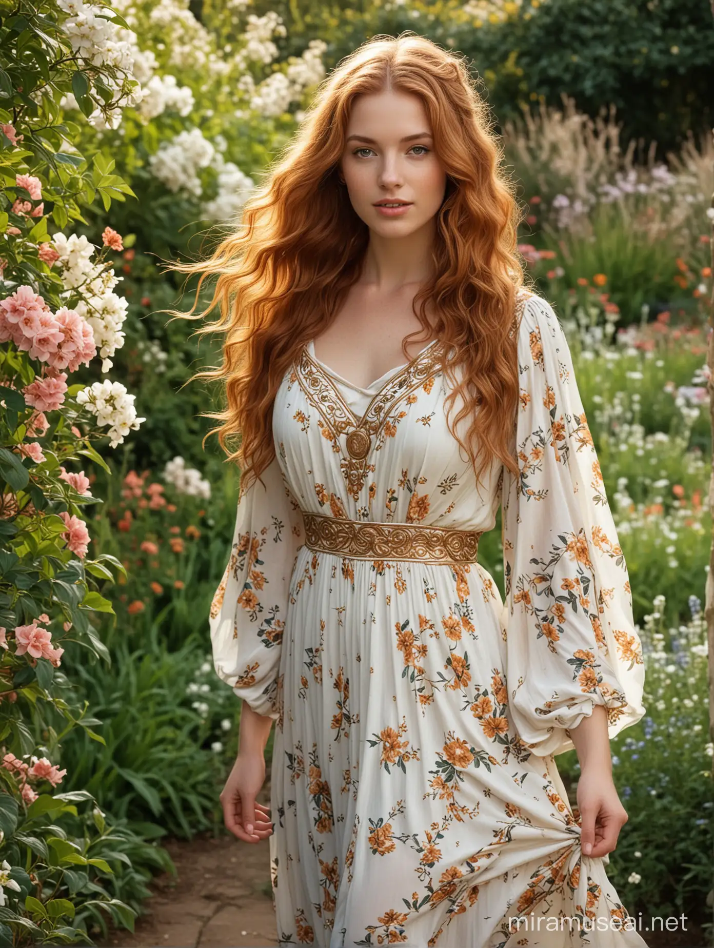 18-year-old girl Julie Roberts with long, wavy auburn beautiful hair, and intense beautiful darkeyes. Friendly face. She is wearing an ancient Greece dress while walking in a beautiful flower garden