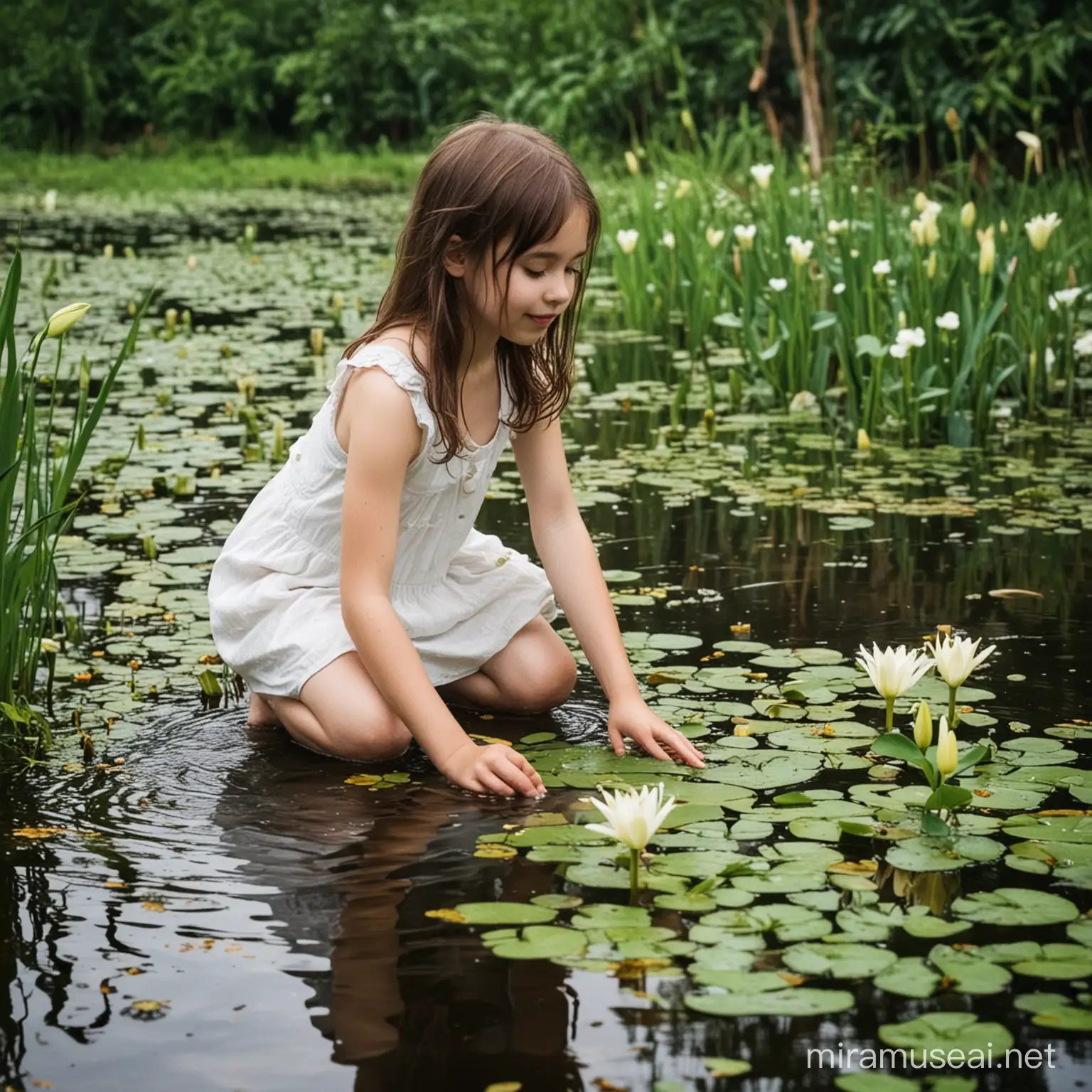 ,
Lilies and water swamp a girl playing

