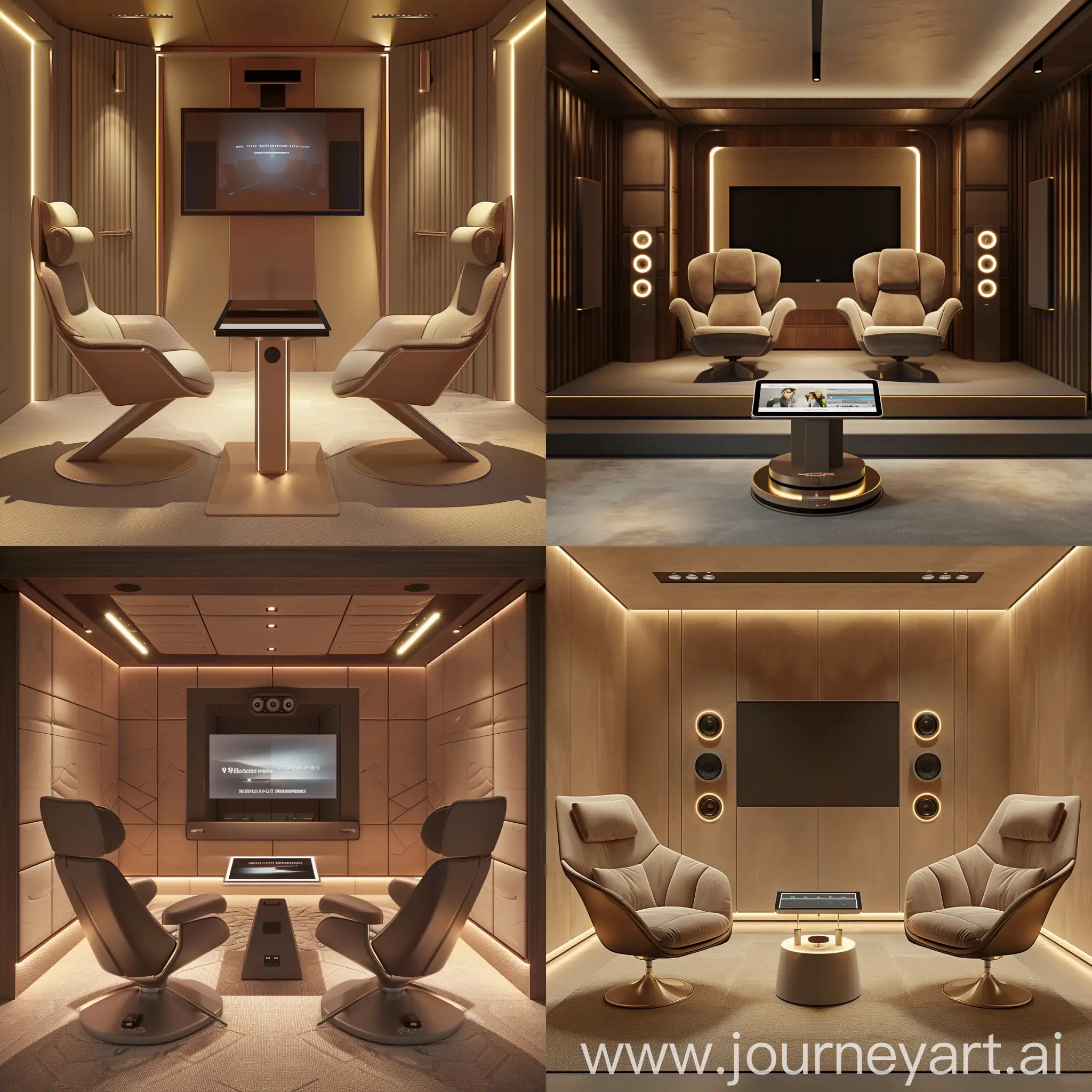 Generate a rendered image depicting a high-end audiovisual room within a confined space of only 9m2. The room is designed to accommodate only two chairs and a horizontal touchscreen mounted on a base. The ambiance should evoke a cinematic experience, offering comfort and pleasure. Design elements should exude elegance, incorporating warm tones, premium materials, and exclusive details. Include high-resolution projection systems, strategically placed surround sound speakers, and plush seating for two. Emphasize a visually appealing setup for video presentations to captivate potential buyers about the real estate project. Despite the limited space, highlight comfort, sophistication, and exclusivity in the design