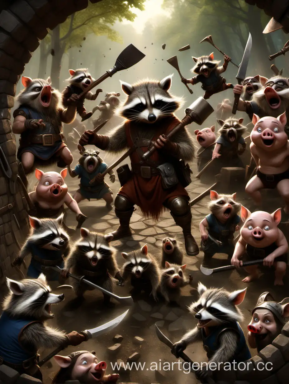A battle between dwarves and dryers and pigs watched by an anthropomorphic raccoon