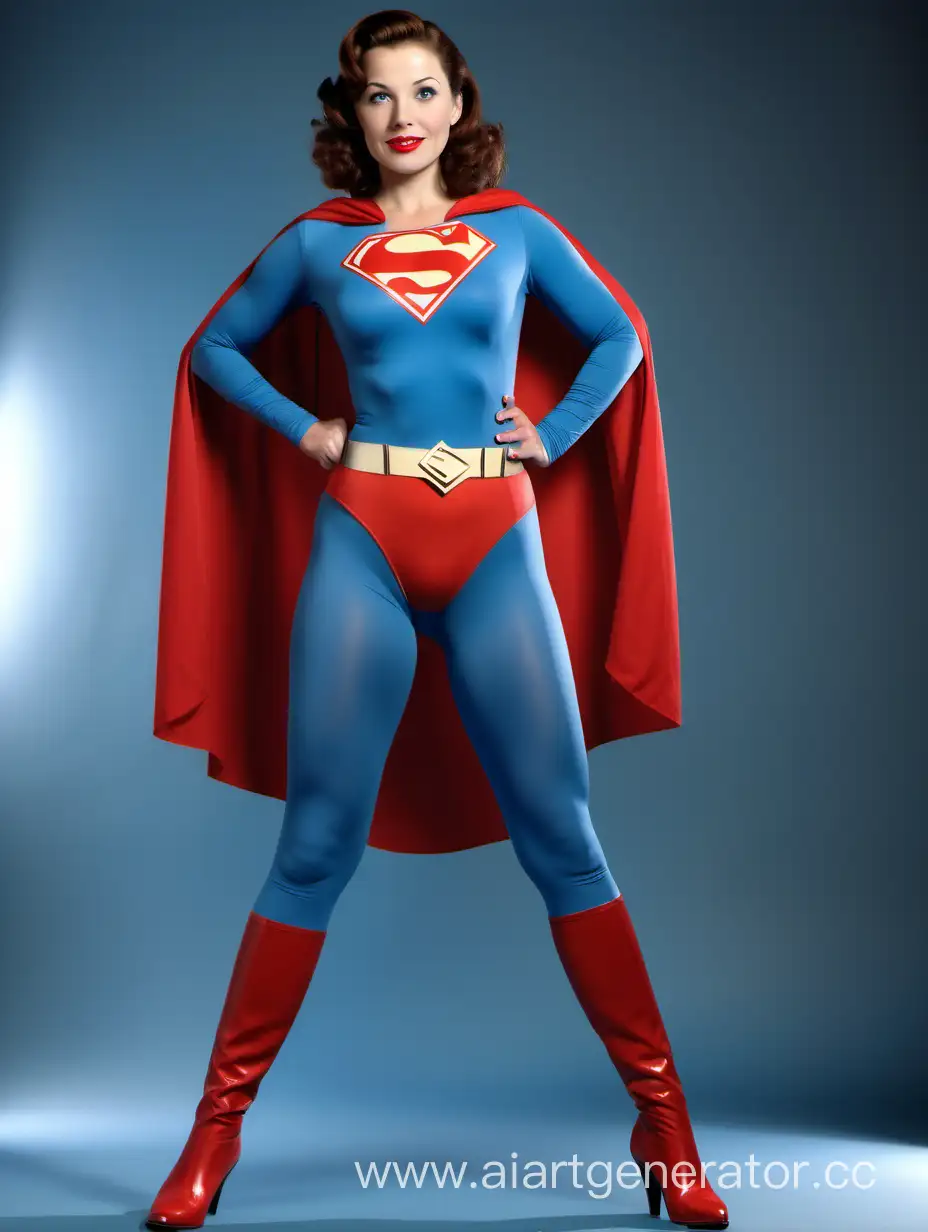 A beautiful woman with brown hair, age 34, She is happy and muscular. She is wearing a Superman costume with (blue leggings), (long blue sleeves), red briefs, red boots, and a flowing cape. Her costume is made of very soft cotton fabric. The symbol on her chest has no black outlines. She is posed like a superhero, strong and powerful. In the style of  a 1950s movie.