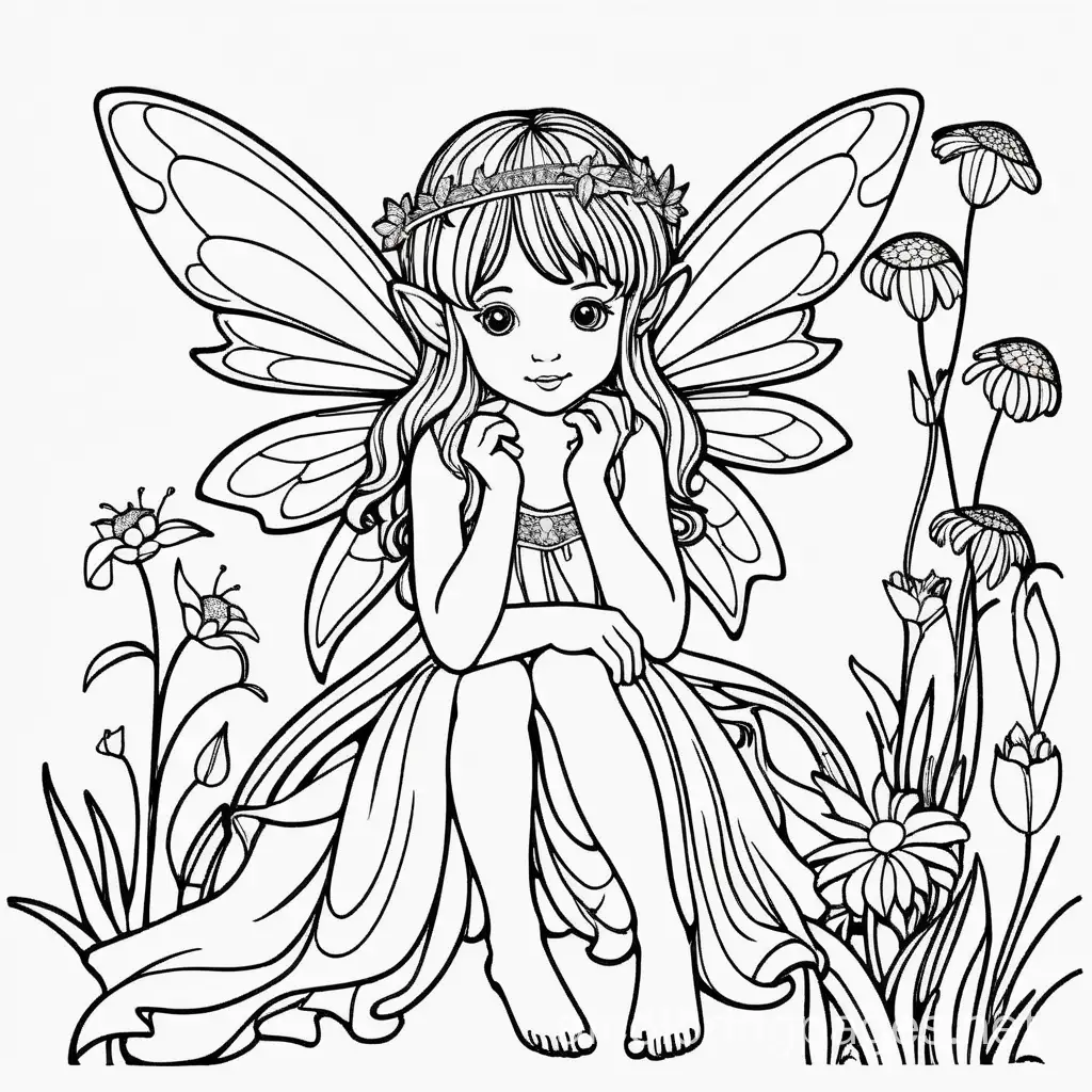 Фея, Coloring Page, black and white, line art, white background, Simplicity, Ample White Space. The background of the coloring page is plain white to make it easy for young children to color within the lines. The outlines of all the subjects are easy to distinguish, making it simple for kids to color without too much difficulty