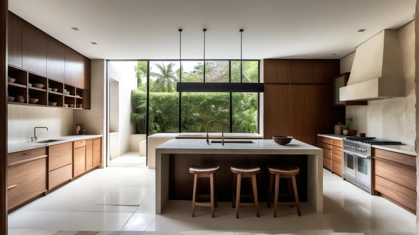 a large estate home kitchen in organic minimalist japandi style; limewashed walls, limestone floor, walnut wood