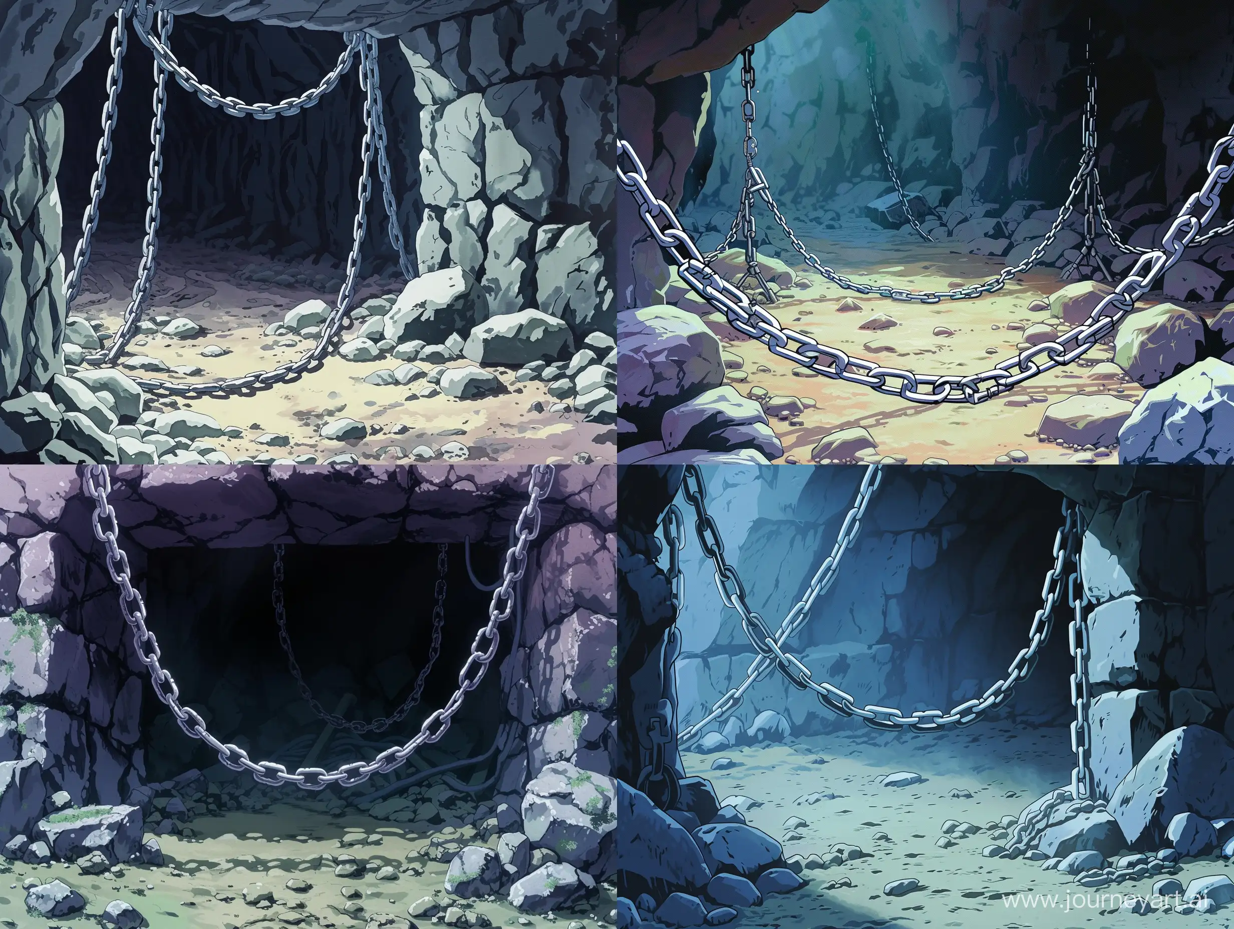 Решетка в пещере, цепи, камни, пещера, кандалы, аниме стиль