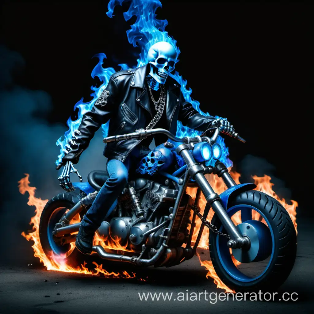 Горящий скелет синем огнём в кожаной куртке и цепью в руках на горящем мотоцикле 