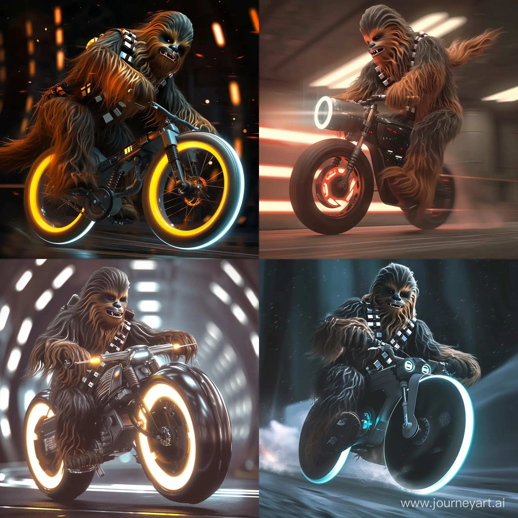 A chewbacca riding a tron bike, photorealistic, 8k