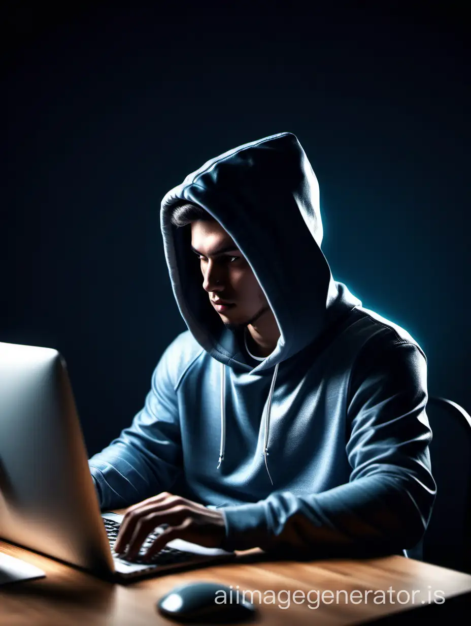 a digital artist, dressed in hoody and jeans, sitting at a desk working on computer, pexels contest winner, computer art, global illumination, volumetric lighting, stockphoto