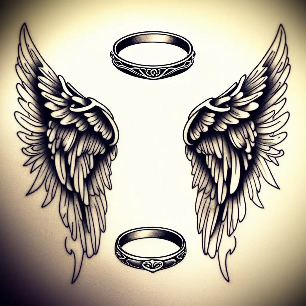 Elegant Angel Wings Tattoo Design with Symbolic Wedding Ring