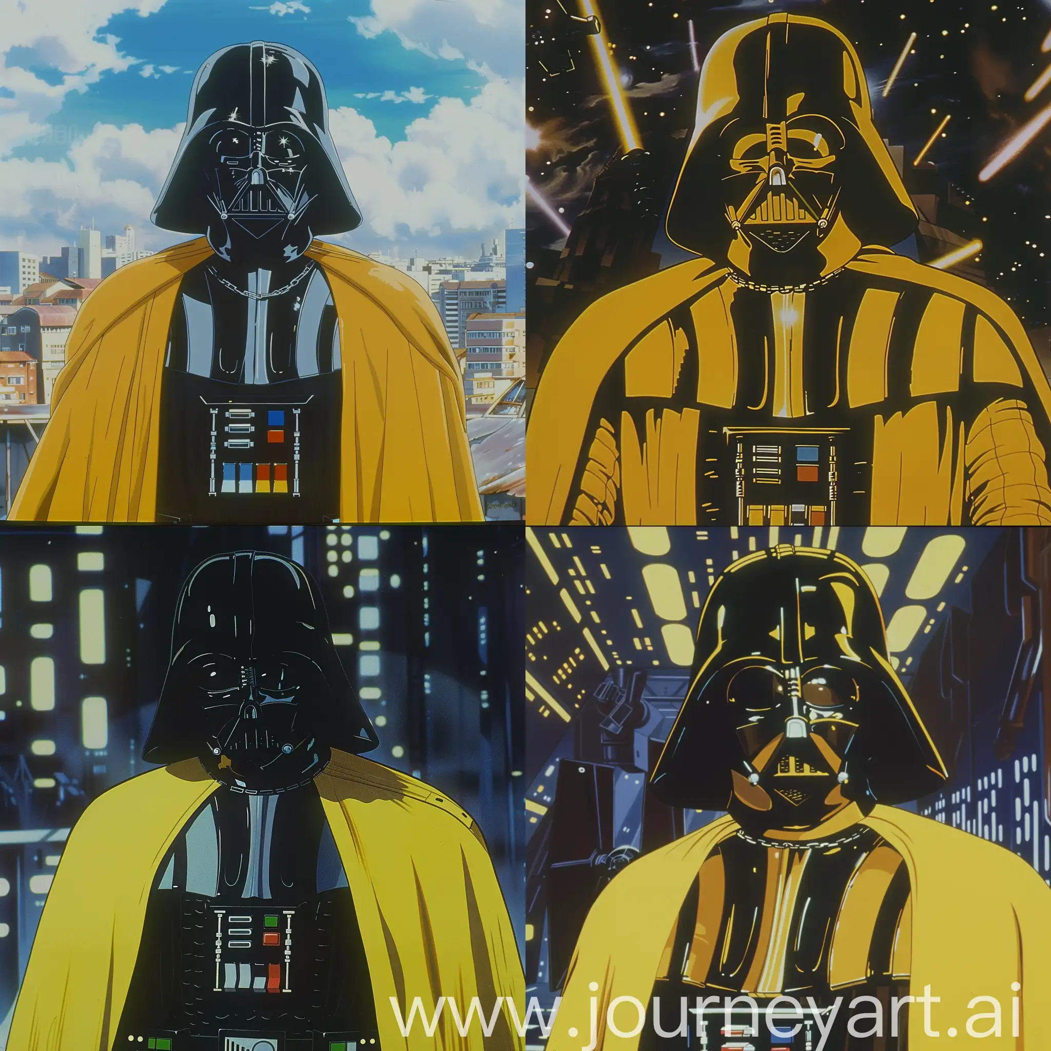 Darth Vader portrait in anime genre film, dvd screenshot from anime film, yellow costume and 80s anime film composition