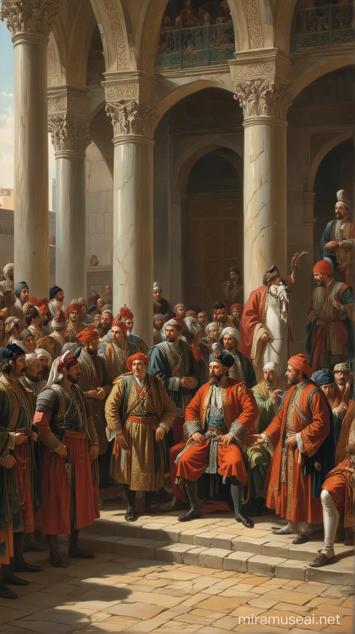 A scene where Sabbatai Sevi is speaking conspicuously at the Ottoman palace. Courtiers are listening to him attentively, some with astonishment, some with concern.
