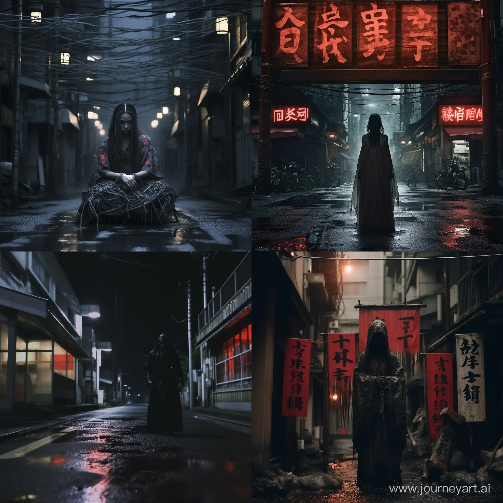 Japan is a street with a counter , newspapers and blood on the asphalt, evening, darkness . The Spirit of Scarry Yurei