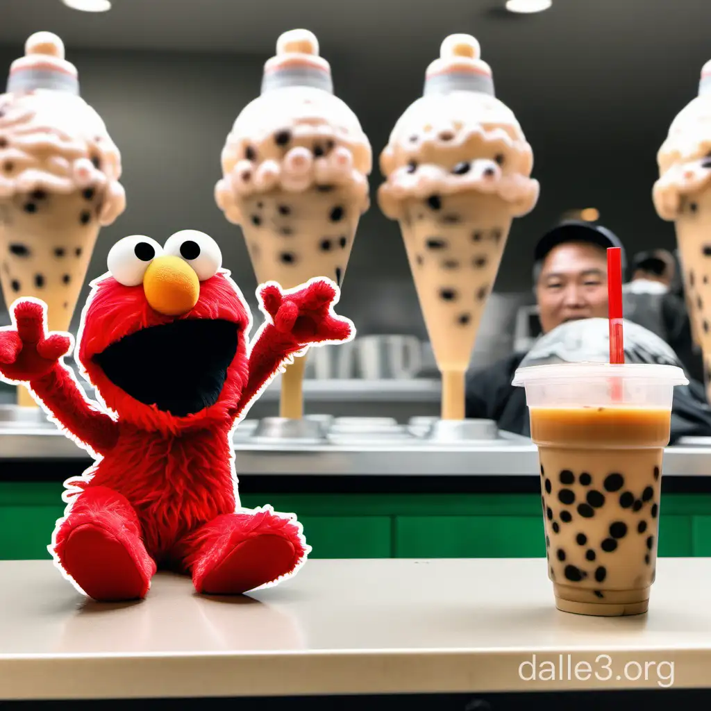 in the foreground, elmo with both hands raised holding boba cups while facing forwards. in the background, milk tea pouring out with boba