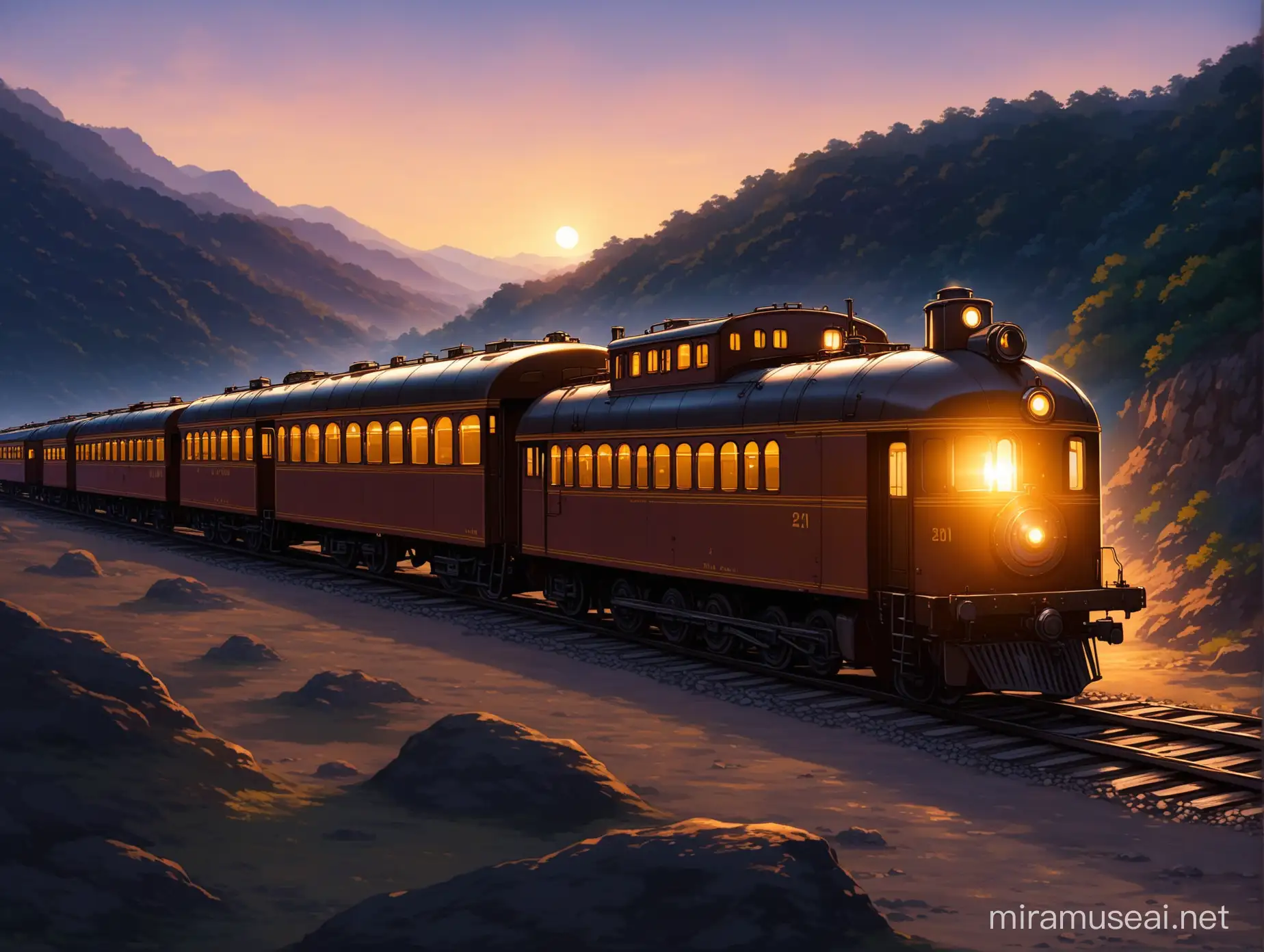Vintage Train Emerging from a Cave at Dusk