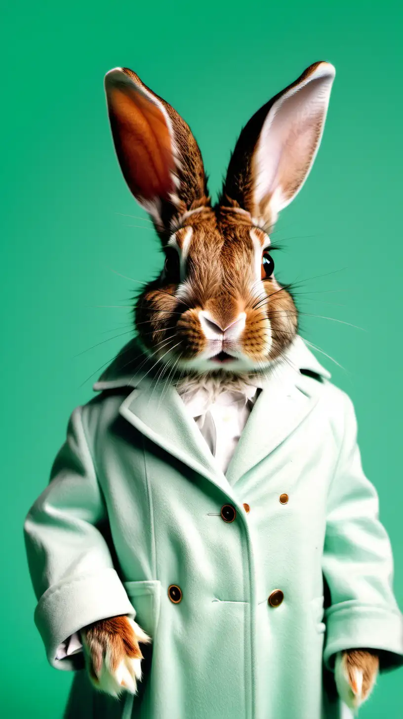 poster of photograph of rabbit wearing a coat mint green background