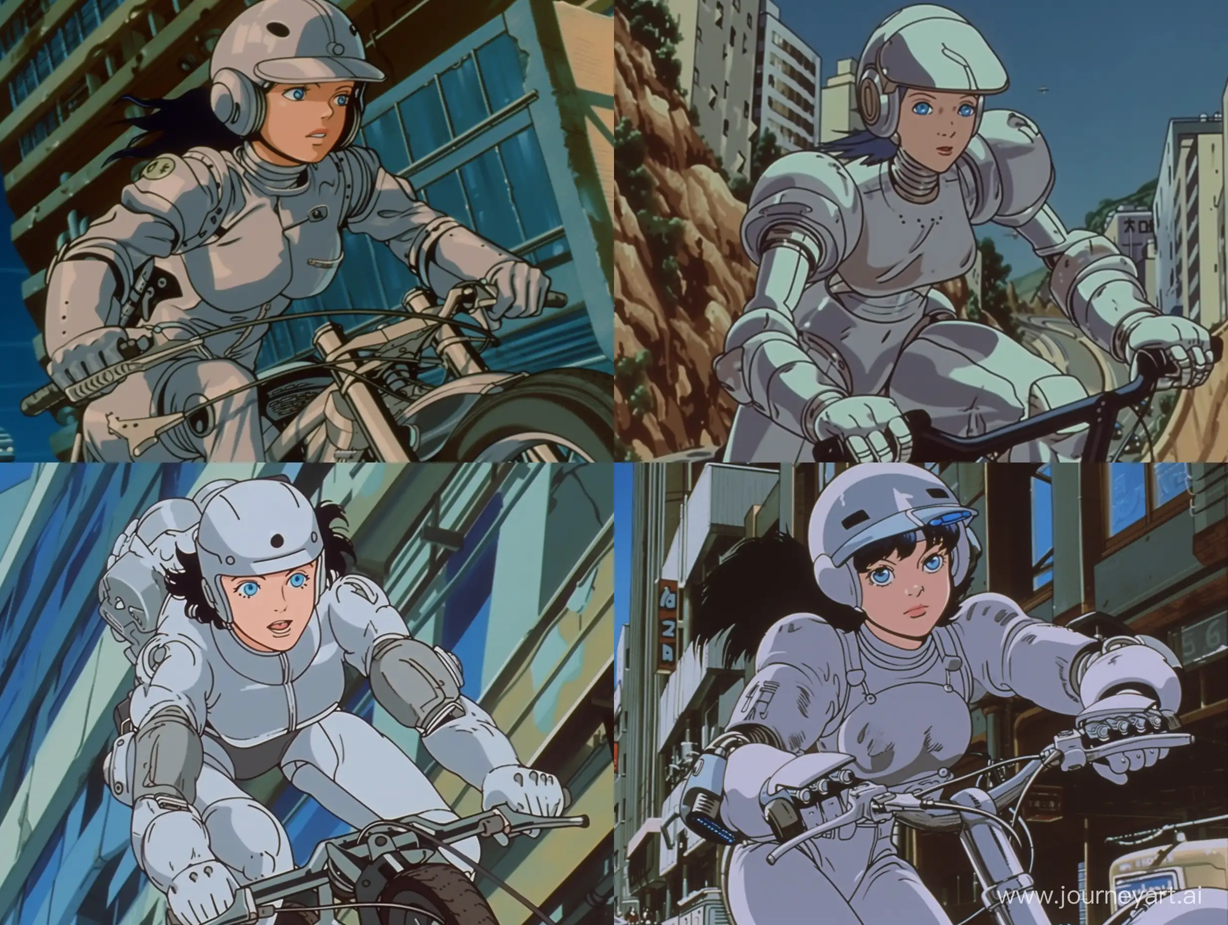 a old 90s cartoon still of a silver cyborg woman riding on her bike, nostalgia, anime, akira 1988 still, they have blue eyes, open area, full body, outside city environment, dystopian,
