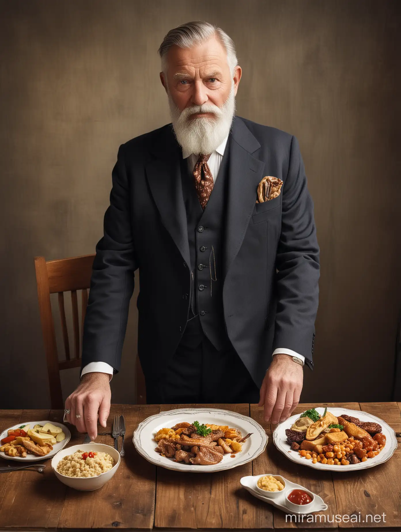 Elderly Gentleman in Vintage Attire Dining at Rustic Wooden Table