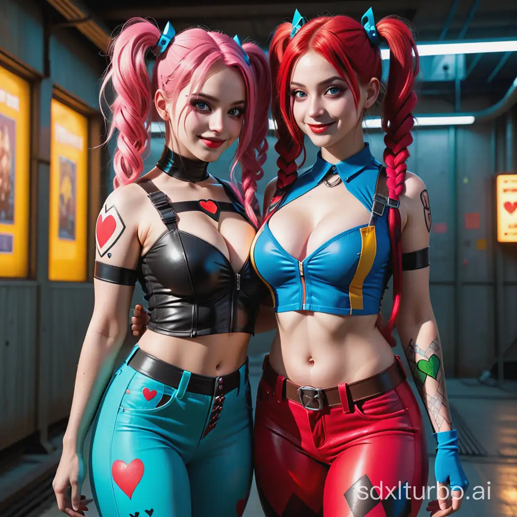 Two busty gyaru Harley Quinn (pink&blue pigtails) and Poison Ivy (red long hair) (cyberpunk hair style) in the Fallout theme cosplay,the unbuttoned vault 111 jumpsuit is unzipped,yellow underboob top,number 111 on the back,X hair clips,gesture of love,gesture of heart,V gesture,selfie at the exit of the vault,behind the wasteland,post-apocalyptic setting,strong hairblowing wind,perfect beautiful face,hq eyes,plump lips,shy smiling,flat stomach,slender hips,perfect body,slim hips,style raw,masterpiece 1:2,extremely detailed cg,sun shafts,ray-tracing,32k.