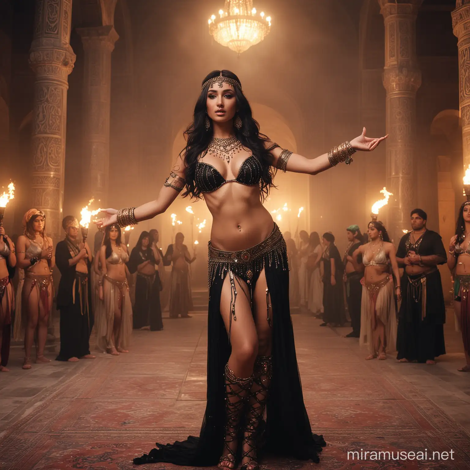Exotic Belly Dancer Performs in Opulent Palace Amidst Warriors and Ruler