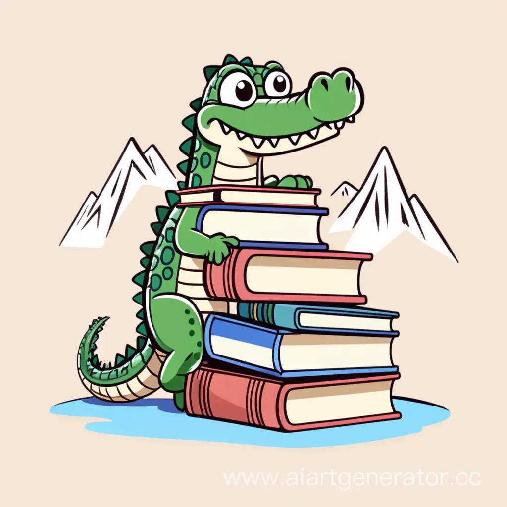  очень милый мультяшный крокодил с большими глазами пытается подняться по горе из книг, логотип