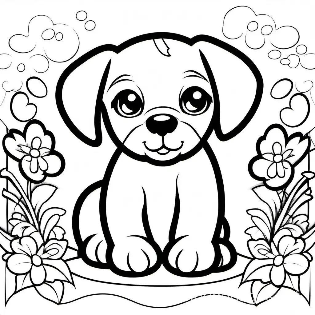 sweet puppy, Coloring Page, black and white, line art, white background, Simplicity, Ample White Space. The background of the coloring page is plain white to make it easy for young children to color within the lines. The outlines of all the subjects are easy to distinguish, making it simple for kids to color without too much difficulty