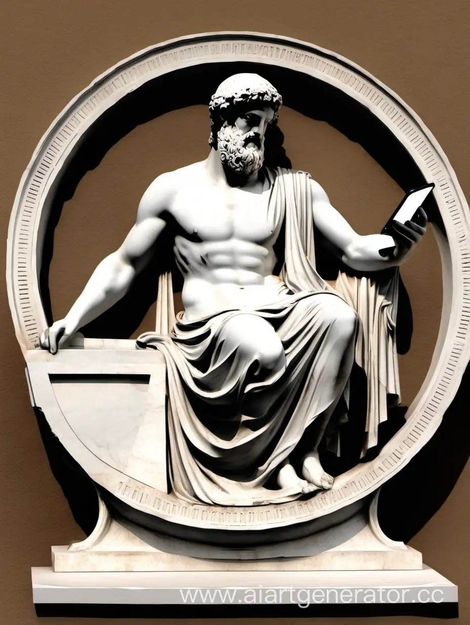 греческая античная статую держит в руках табличку в виде круга