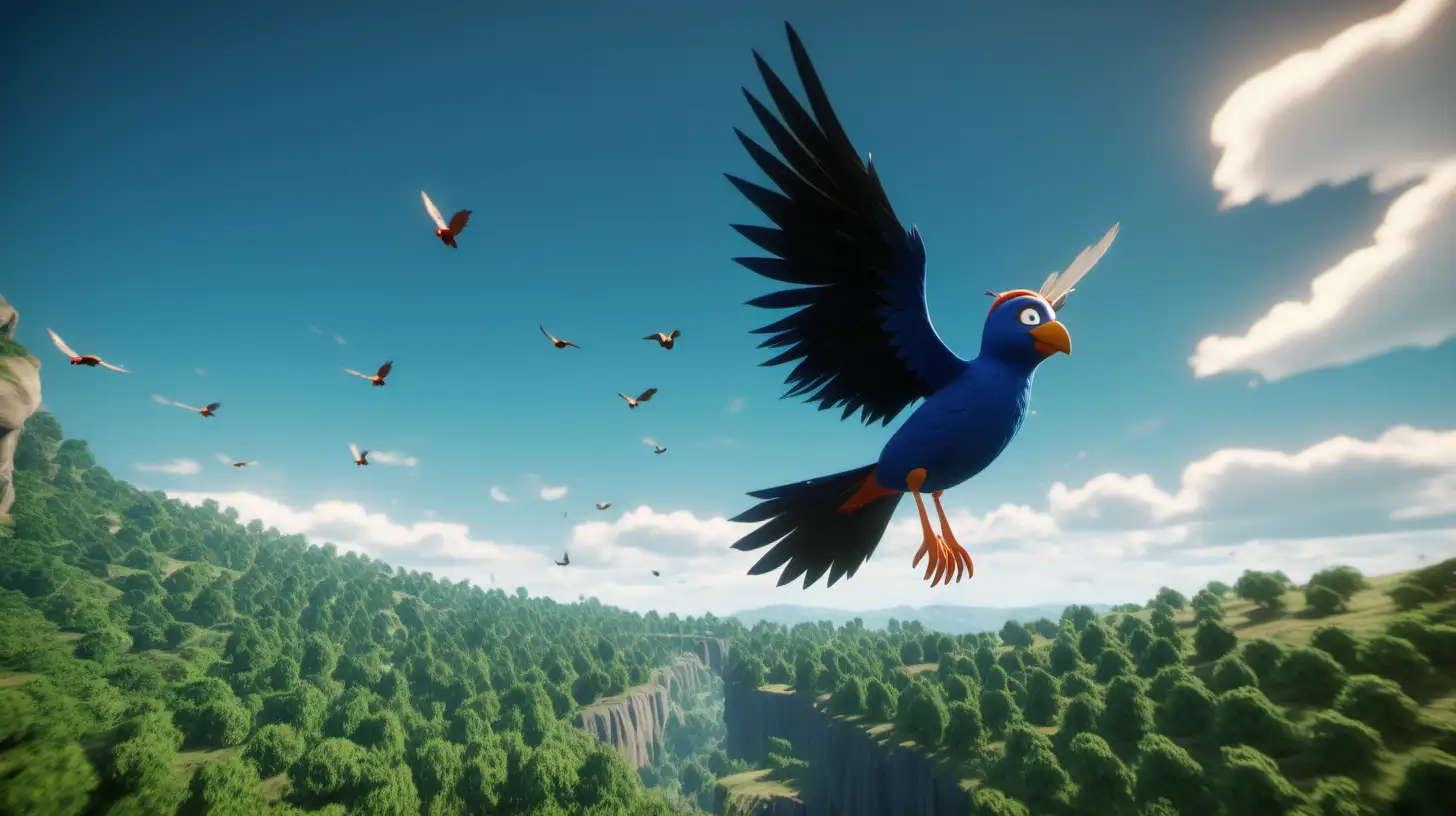 /imagine prompt: 3D animation personality: [Peepo, a one-winged bird, stands alone in the midst of his classmates who effortlessly soar through the sky. His expression is filled with sadness and frustration as he gazes up at the soaring birds, longing to fly like them. The background showcases a vibrant and immersive bird school environment, with blue skies and green hills in the distance. The lighting is bright and cheerful, emphasizing the joy and freedom of flight. The scene captures the stark contrast between Peepo's grounded state and the soaring birds above him.]unreal engine, hyper real --q 2 --v 5.2 --ar 16:9