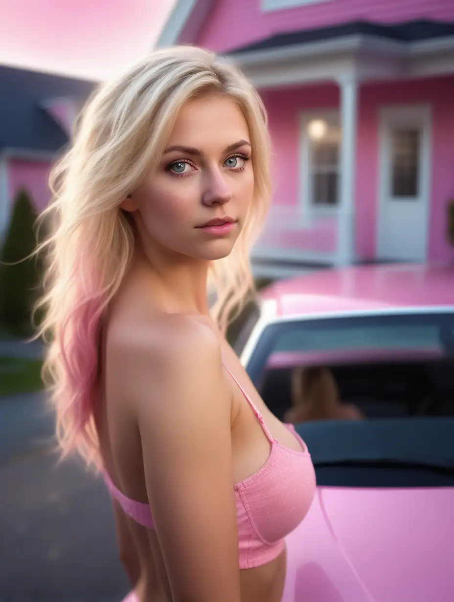 Beautiful Nordic woman, very attractive face, detailed eyes, symmetrical face, perfect breasts, dark eye shadow, messy blonde hair, wearing a pink bra unclamped, bokeh background, soft light on face, rim lighting, facing away from camera, looking back over her shoulder, standing in front of the pink house with a pink car in the driveway, photorealistic, very high detail, extra wide photo, full body photo, aerial photo