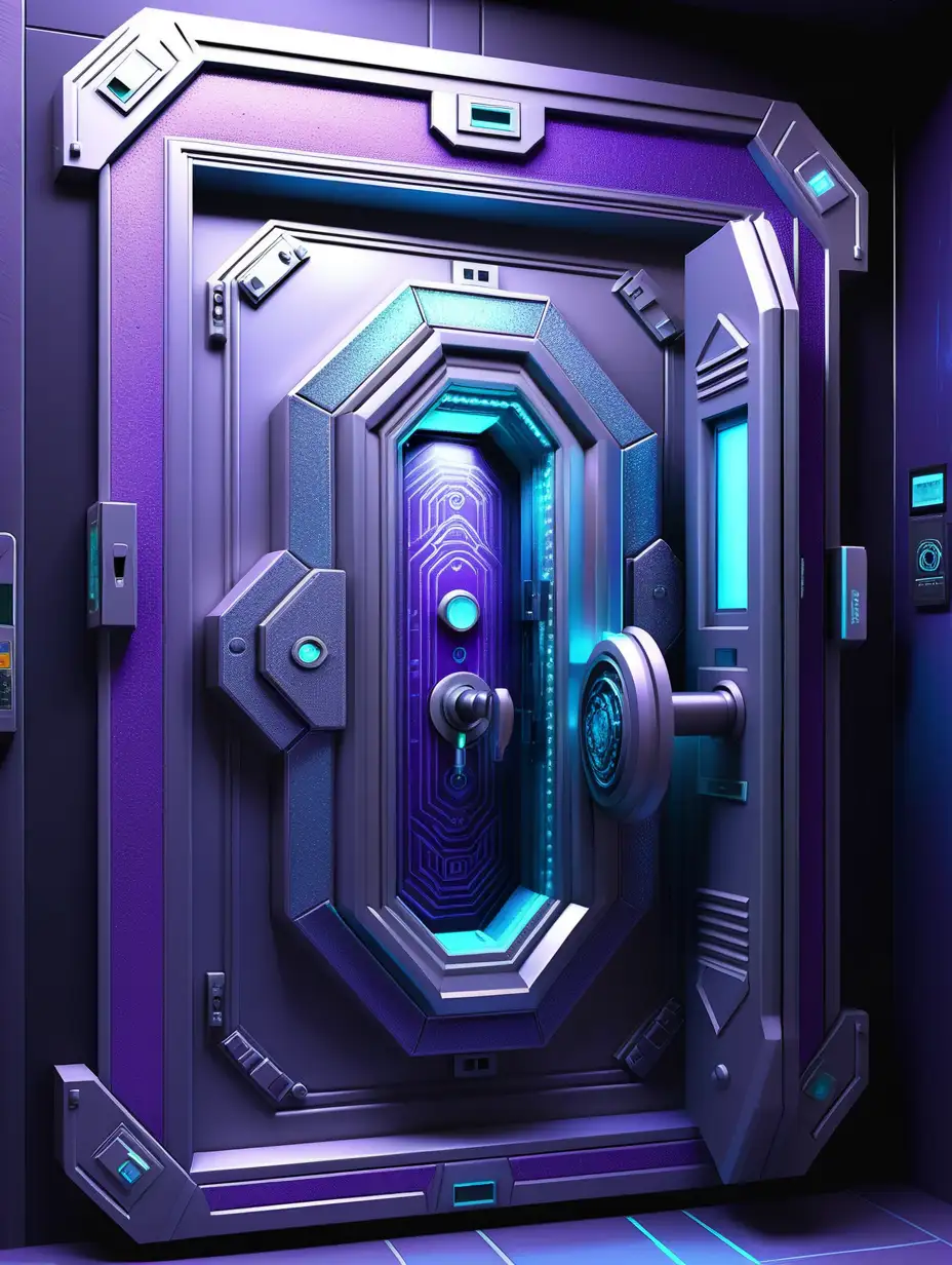 freezer Storage door. futuristic secure private door. large titanium door. vault lock. diamond encrusted rim. biometric scanner.  cyberpunk. very intricately and microscopically detailed. reflective surface. dark and shadowy. cold temperature. ultra realistic. purple, black, neon blue.