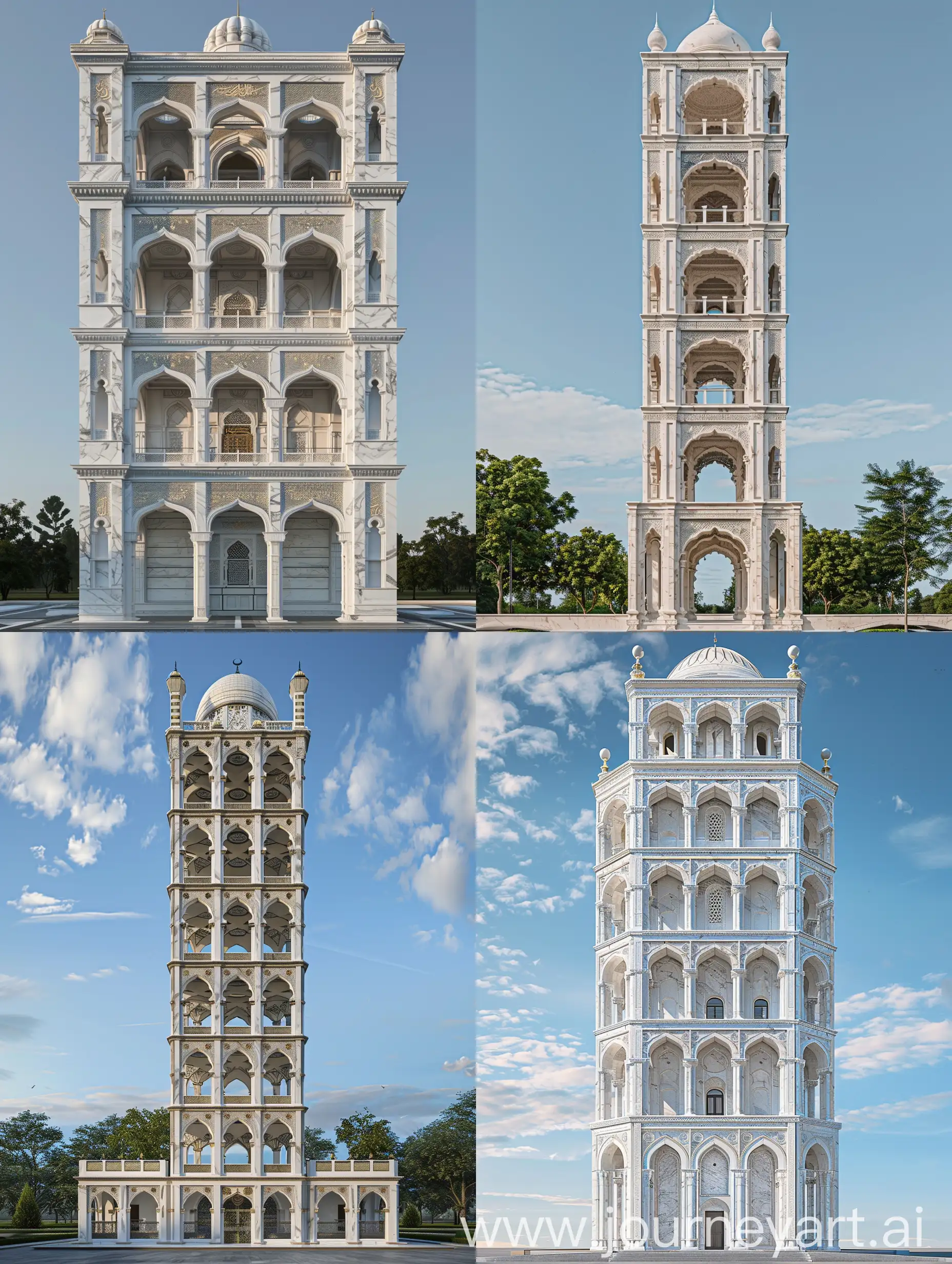 a tall and beautiful Mughal mosque, having Mughal arches and mughal arched windows, Mughal marble carvings, Gurudwara dome at the top, White marbled, Pisa Cathedral influences, front perspective full view --ar 3:4