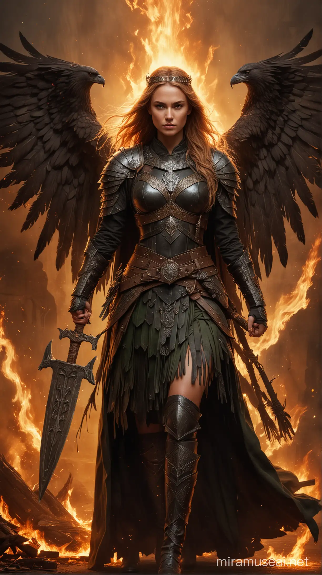 Valkyrie Warrior with Ravenlike Wings and Flaming Shield | MUSE AI