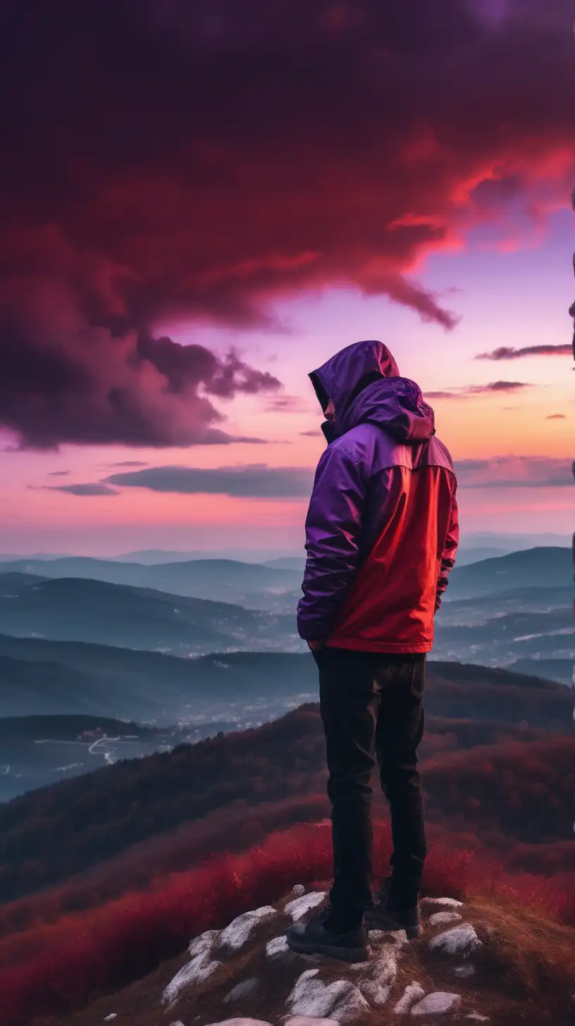 Man Wearing a Jacket Standing Sad on a Mountain Hill, Looking at the Evening Sunset. Red to Purple clouds. Very beautiful