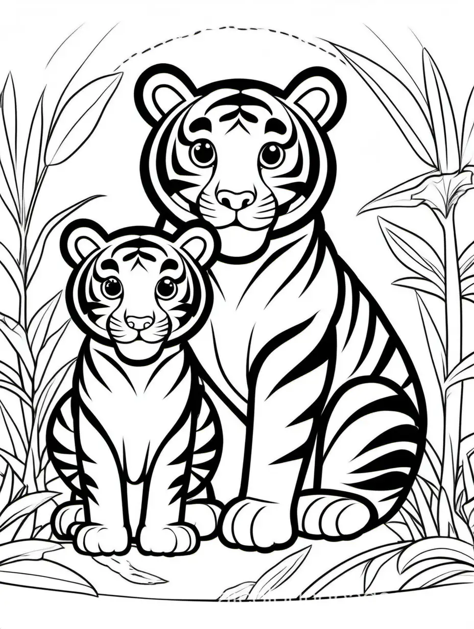 cute Tiger with his Cub for kids, Coloring Page, black and white, line art, white background, Simplicity, Ample White Space. The background of the coloring page is plain white to make it easy for young children to color within the lines. The outlines of all the subjects are easy to distinguish, making it simple for kids to color without too much difficulty