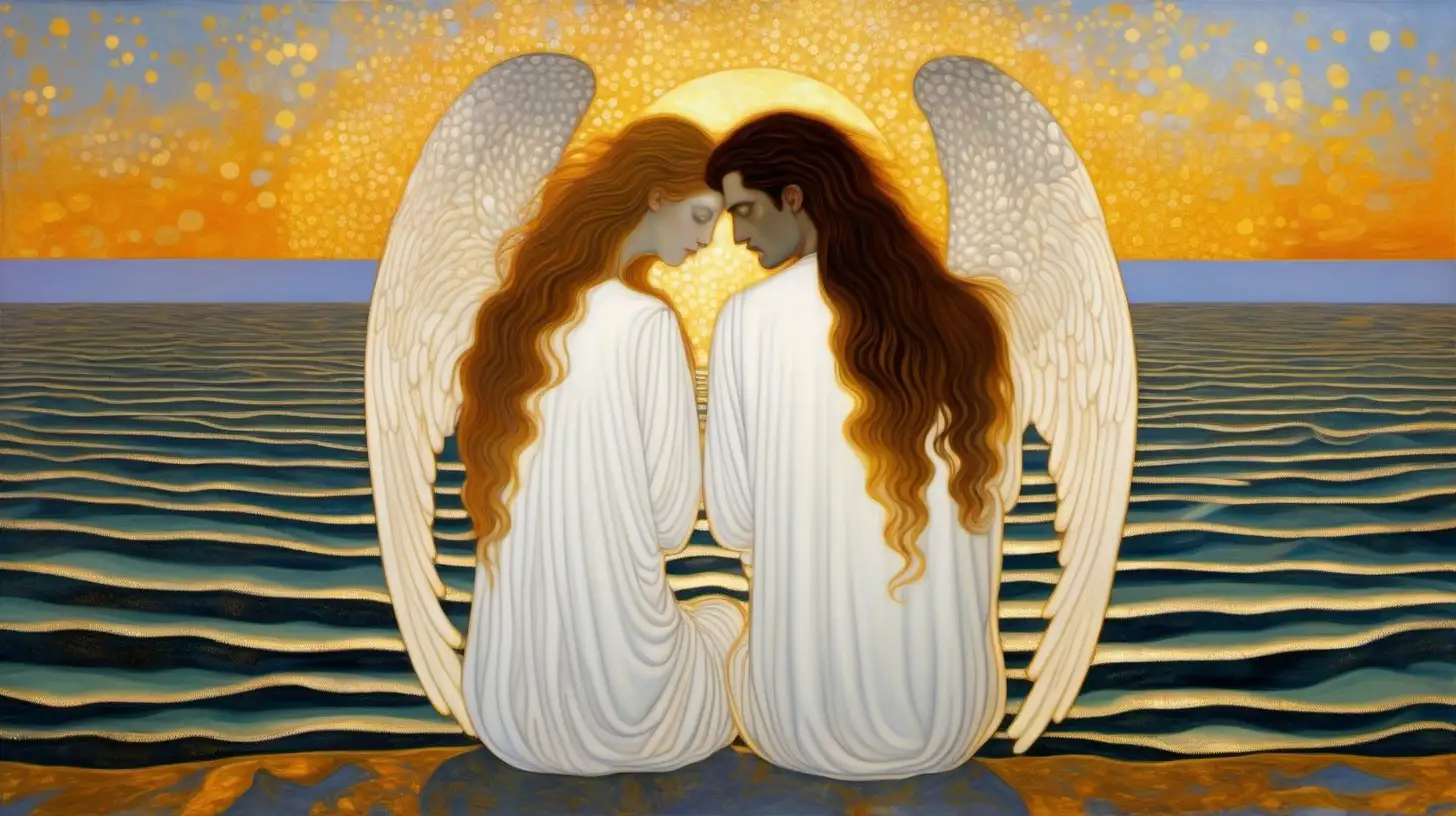 painting in gustav klimt style of a male and a female angels in white clothing, sitting by the ocean watching sunset, the male angel has long hair