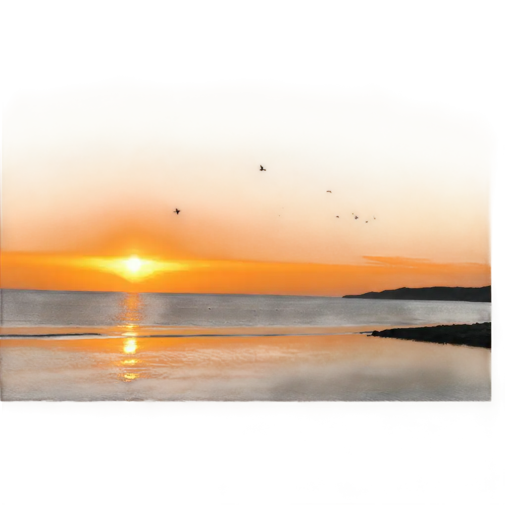 Close up of Sunset sets over the horizon between two habour, orange and yellow rays on the wate, birds flying in the horizon, camp fire burning on the beach, photoristic