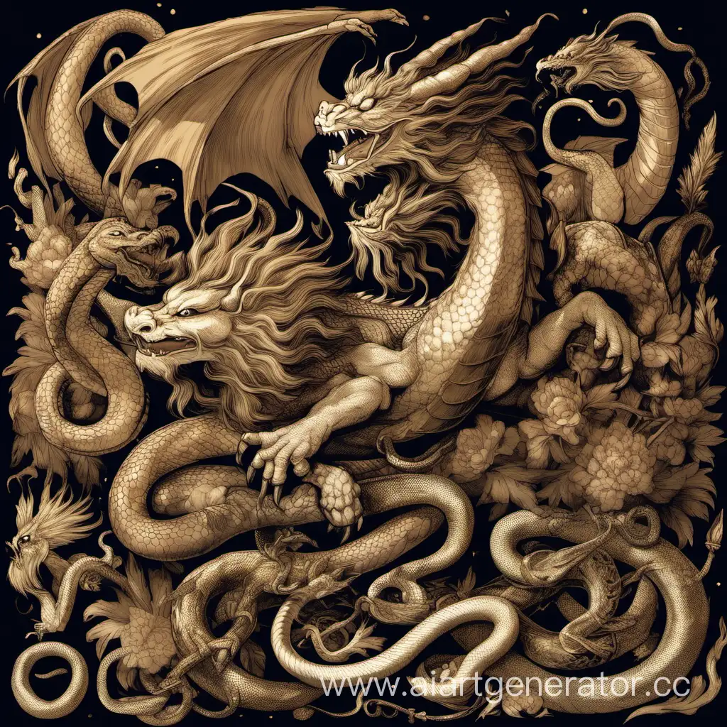 Mythical-Creatures-Gathering-Dragon-Lion-Bird-Snake-and-Insect