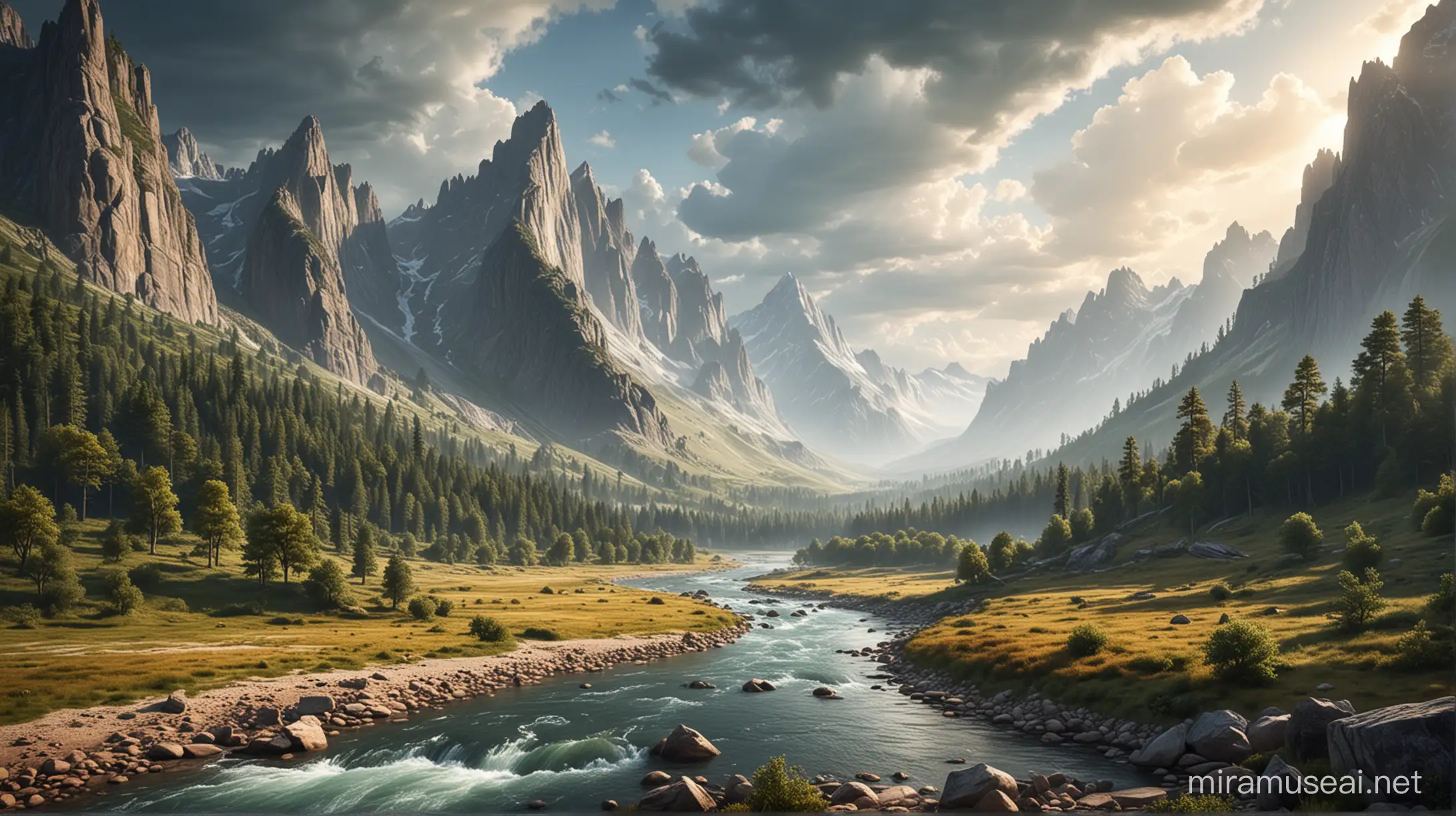 Epic scale landscape, mountains, forests, river