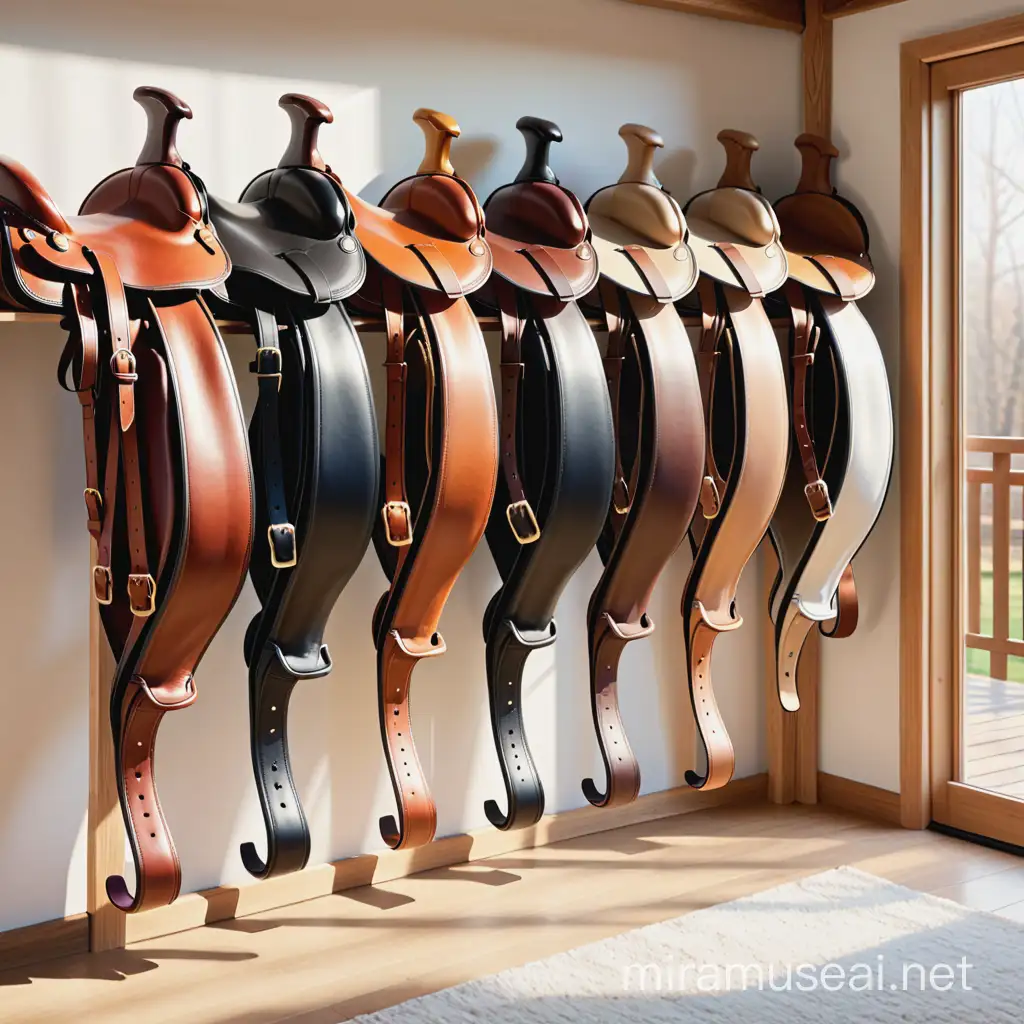 9 fancy saddles.  wood saddle rack. feminine. luxury. dream. oak wood barn. realistic. detailed.