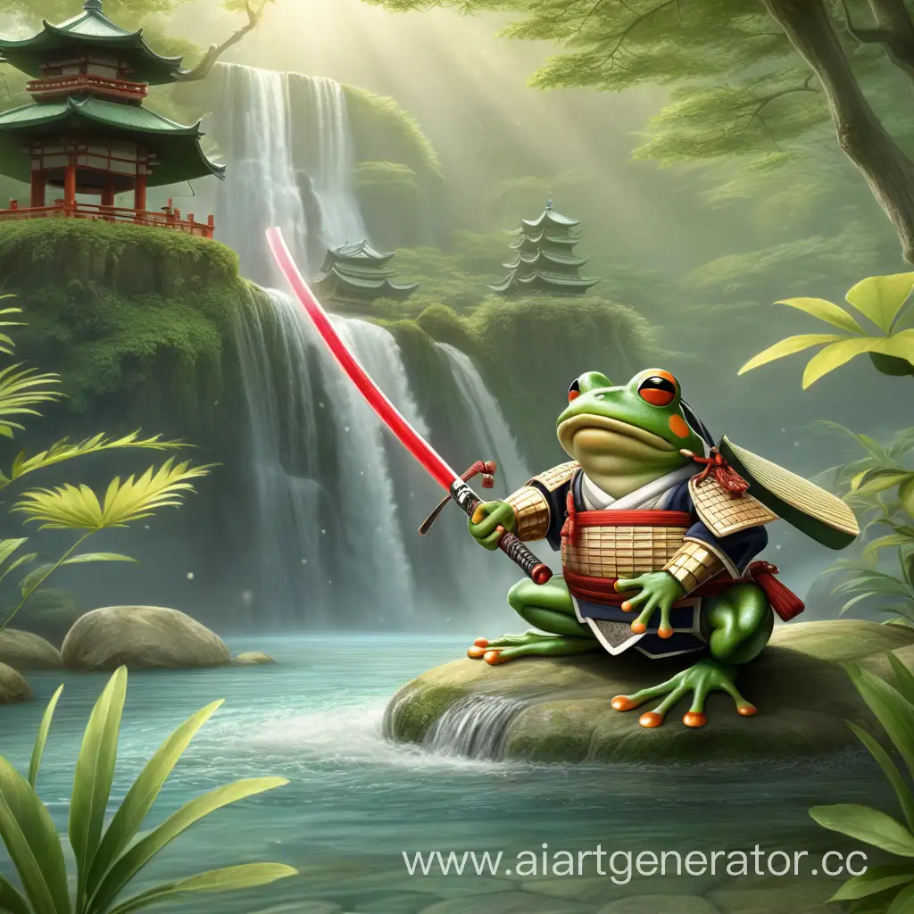 Majestic-Samurai-Frog-in-Ancient-Japanese-Armor-Amidst-Lush-Jungle-and-Waterfall