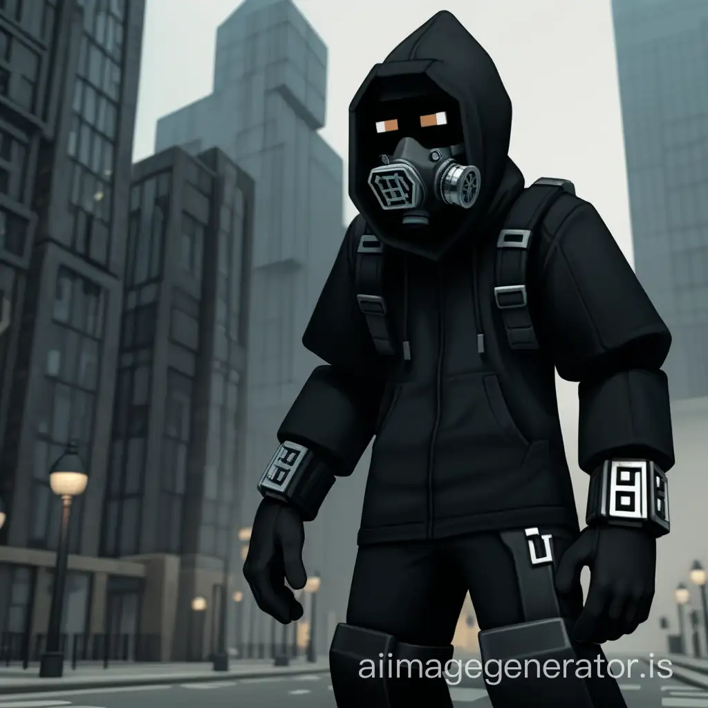man in black special clothing with black gloves in a gas mask with a black hood in black boots in the city. in the style of minecraft