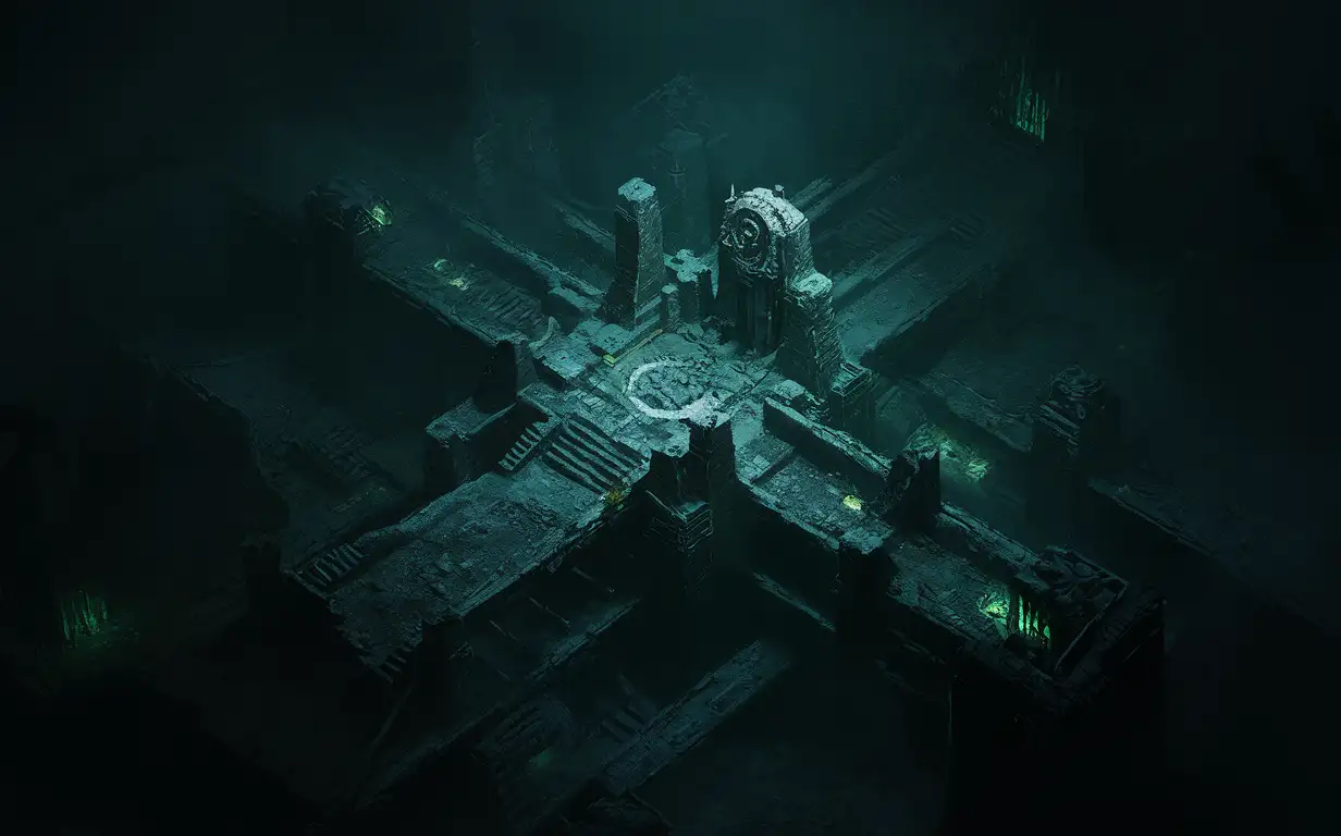 Ancient alien ruins under dark waters, sci-fi, dark, horror, no light, top view